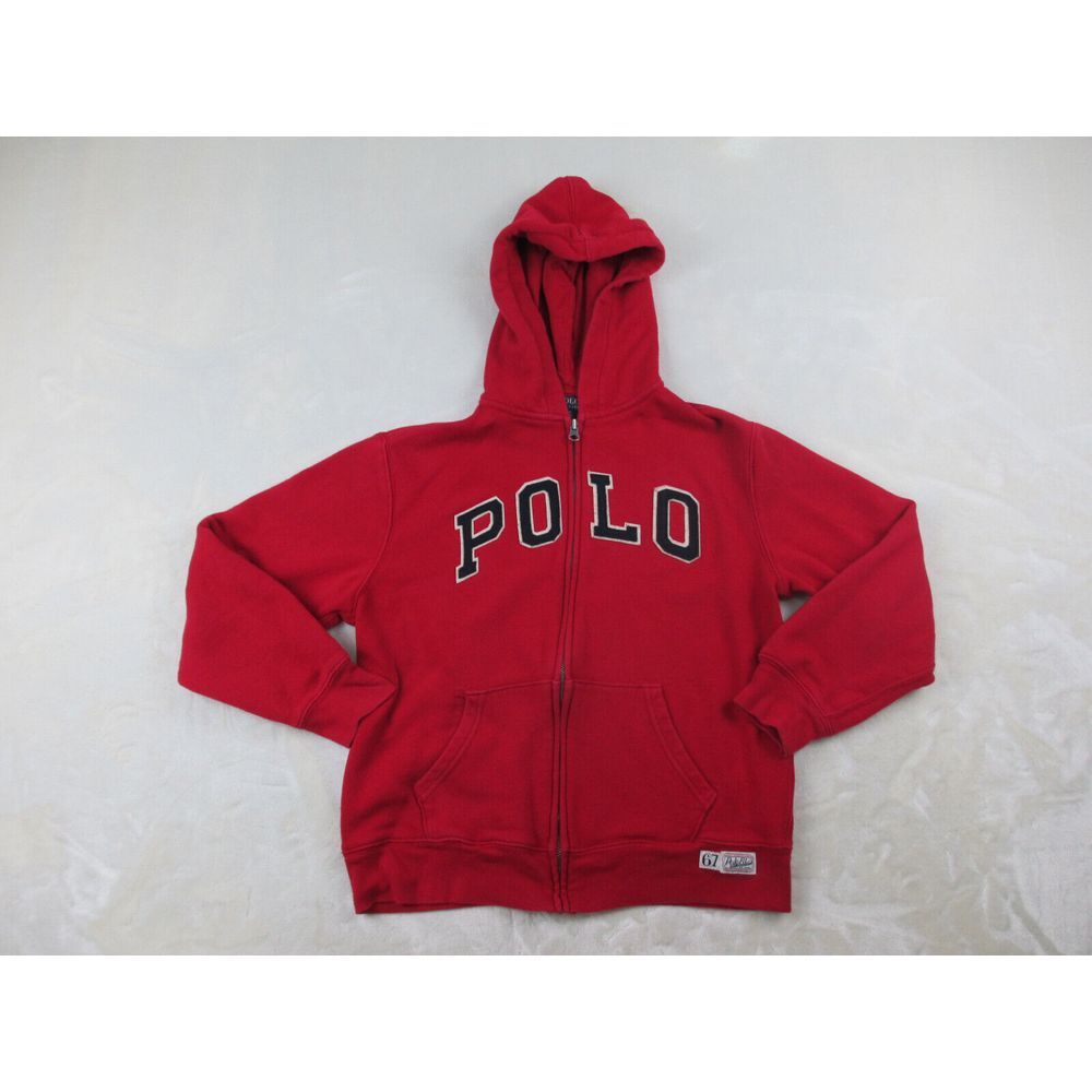 Ralph Lauren Sweater Boys Large Red Full Zip Spell Out Hooded Kids Youth*